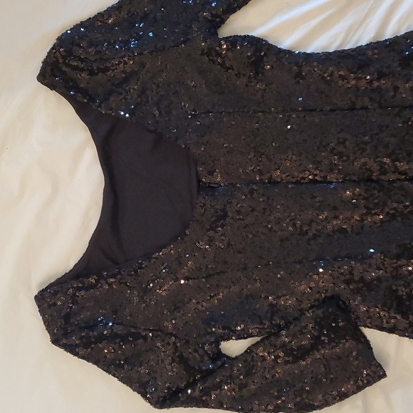 Lulu's Black Classic Sequin 3/4 Long  Sleeves Bodycon Cocktail Mini Dress - Picture 4 of 7